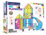 Magnatiles Pet Playhouse 50-Piece Set box features colorful magnetic tiles, animal figures, and pet playhouse accessories on the front.