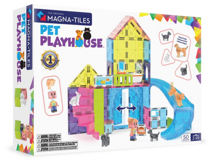 Magnatiles Pet Playhouse 50-Piece Set box features colorful magnetic tiles, animal figures, and pet playhouse accessories on the front.