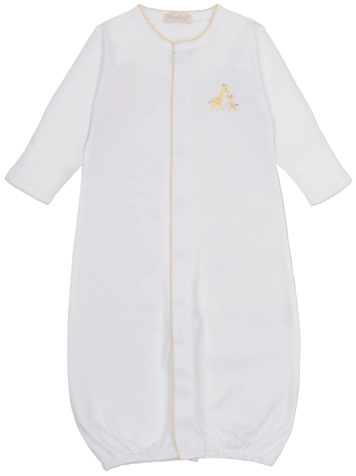 The Kissy Kissy Baby Premier Giraffe Love Hand Emb. Convertible Gown features a white long-sleeve design with yellow trim and a delicate hand-embroidered giraffe on the upper left chest, crafted from soft Pima cotton for ultimate comfort.