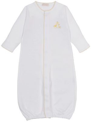 The Kissy Kissy Baby Premier Giraffe Love Hand Emb. Convertible Gown features a white long-sleeve design with yellow trim and a delicate hand-embroidered giraffe on the upper left chest, crafted from soft Pima cotton for ultimate comfort.