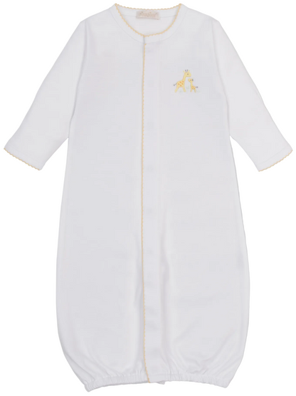 The Kissy Kissy Baby Premier Giraffe Love Hand Emb. Convertible Gown features a white long-sleeve design with yellow trim and a delicate hand-embroidered giraffe on the upper left chest, crafted from soft Pima cotton for ultimate comfort.
