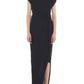 A person models the Lanvin Asymmetrical Long Pleated Dress—an ankle-length black dress with short sleeves, a draped waist, pleated fabric, and a side slit—standing against a white background.