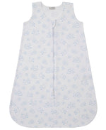 The Kissy Kissy Baby Cheerful Good Night Printed Wearable Blanket is a white sleeveless sleep sack made of soft Pima cotton, featuring a front zipper and a light blue cloud and bear print.