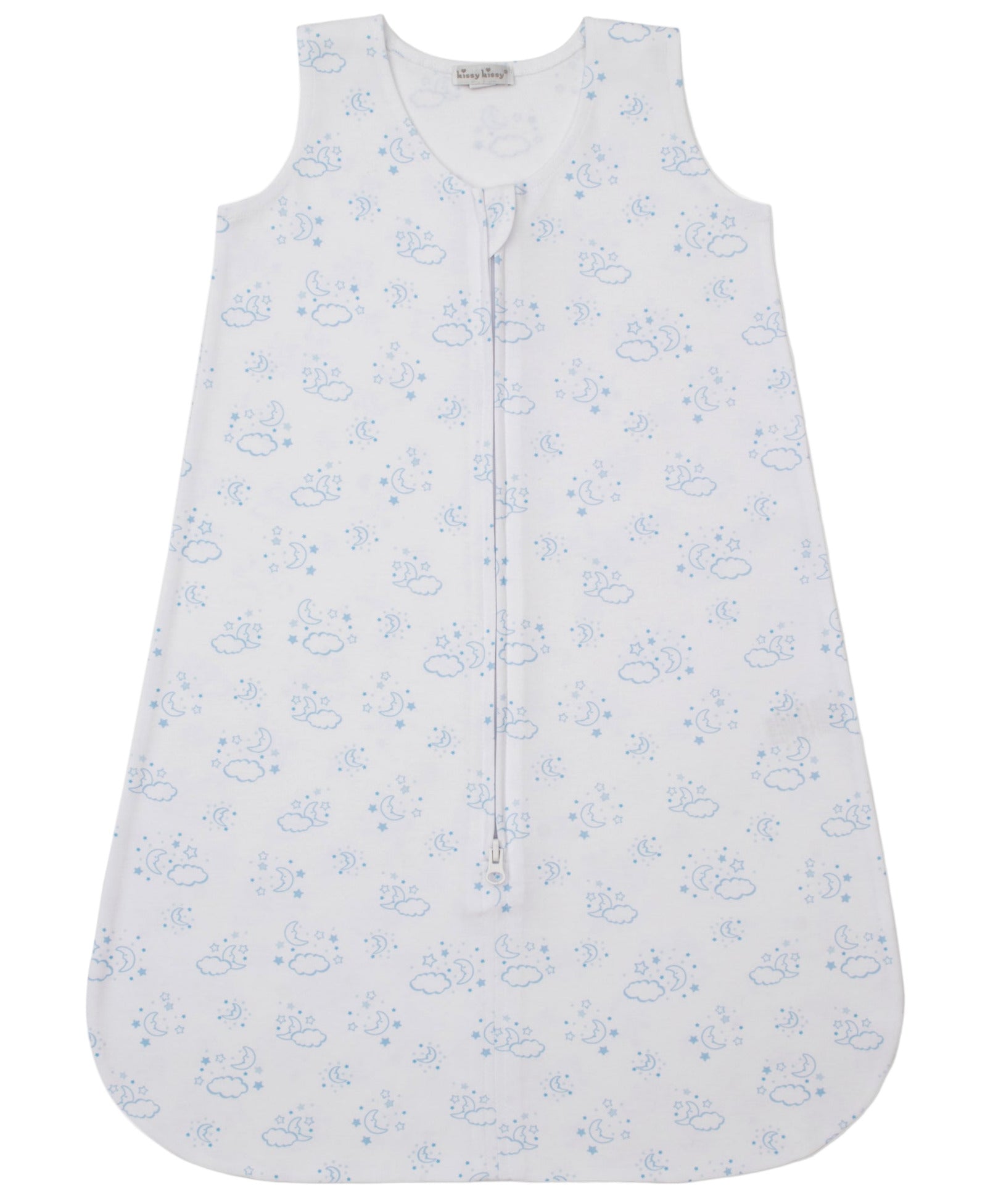 The Kissy Kissy Baby Cheerful Good Night Printed Wearable Blanket is a white sleeveless sleep sack made of soft Pima cotton, featuring a front zipper and a light blue cloud and bear print.