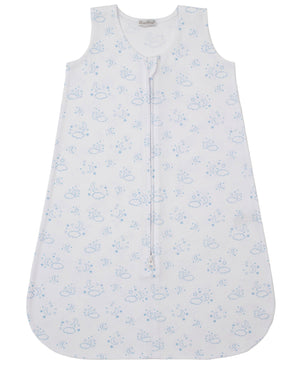 The Kissy Kissy Baby Cheerful Good Night Printed Wearable Blanket is a white sleeveless sleep sack made of soft Pima cotton, featuring a front zipper and a light blue cloud and bear print.