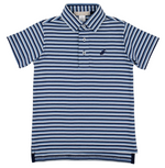 The Baby Boys’ Prim and Proper Short Sleeve Polo Onesie by The Beaufort Bonnet Company features blue, white, and black horizontal stripes, is crafted from soft Pima Cotton, includes a three-button placket, and showcases a small embroidered animal logo on the left chest—an essential piece from the brand.