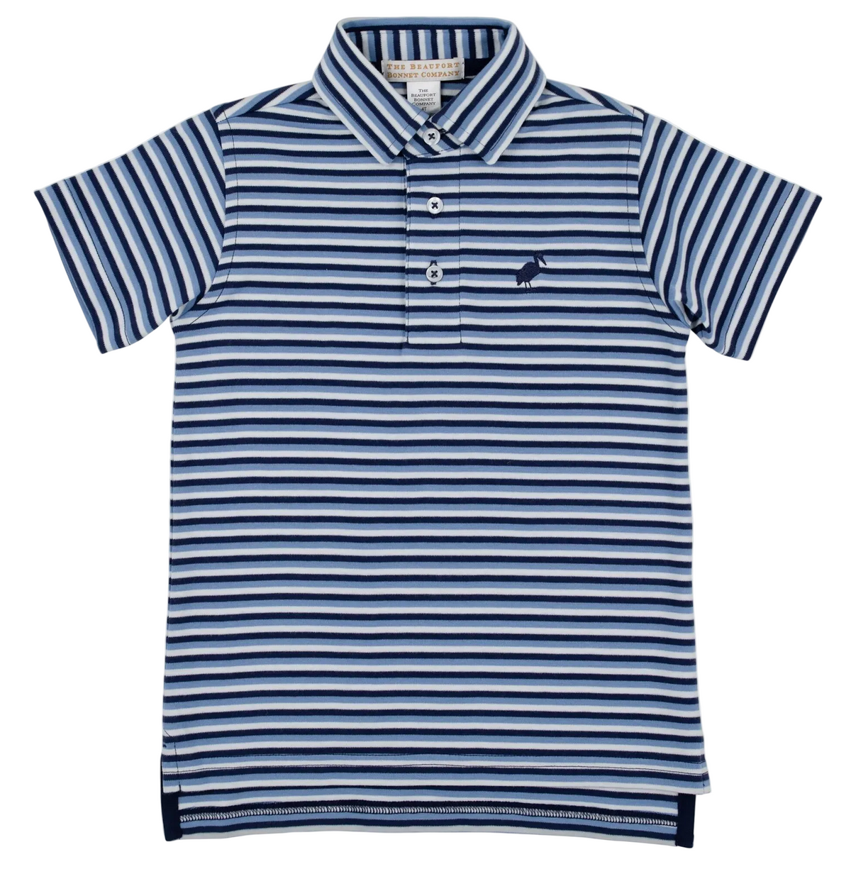 The Baby Boys’ Prim and Proper Short Sleeve Polo Onesie by The Beaufort Bonnet Company features blue, white, and black horizontal stripes, is crafted from soft Pima Cotton, includes a three-button placket, and showcases a small embroidered animal logo on the left chest—an essential piece from the brand.