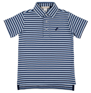 The Baby Boys’ Prim and Proper Short Sleeve Polo Onesie by The Beaufort Bonnet Company features blue, white, and black horizontal stripes, is crafted from soft Pima Cotton, includes a three-button placket, and showcases a small embroidered animal logo on the left chest—an essential piece from the brand.