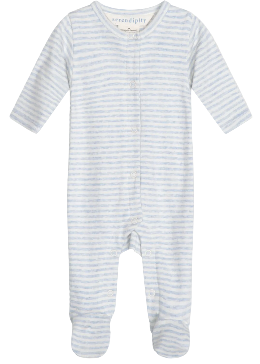 Introducing the Serendipity Newborn Rib Stripe Bodysuit: a cozy, long-sleeve footed onesie made from GOTS-certified organic cotton, featuring soft light blue and white horizontal stripes and convenient snap buttons down the front for easy changes. Enjoy comfort and peace of mind for your little one with this thoughtfully designed bodysuit.