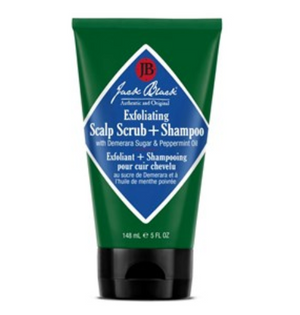 A 148 ml green tube of Jack Black Exfoliating Scalp Scrub and Shampoo, a 2-in-1 cleanser with Demerara Sugar and Peppermint Oil.