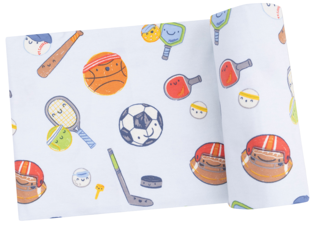 A white Swaddle Blanket by Angel Dear, decorated with colorful sports balls and equipment—ideal for crafting a cozy swaddle or baby blanket.