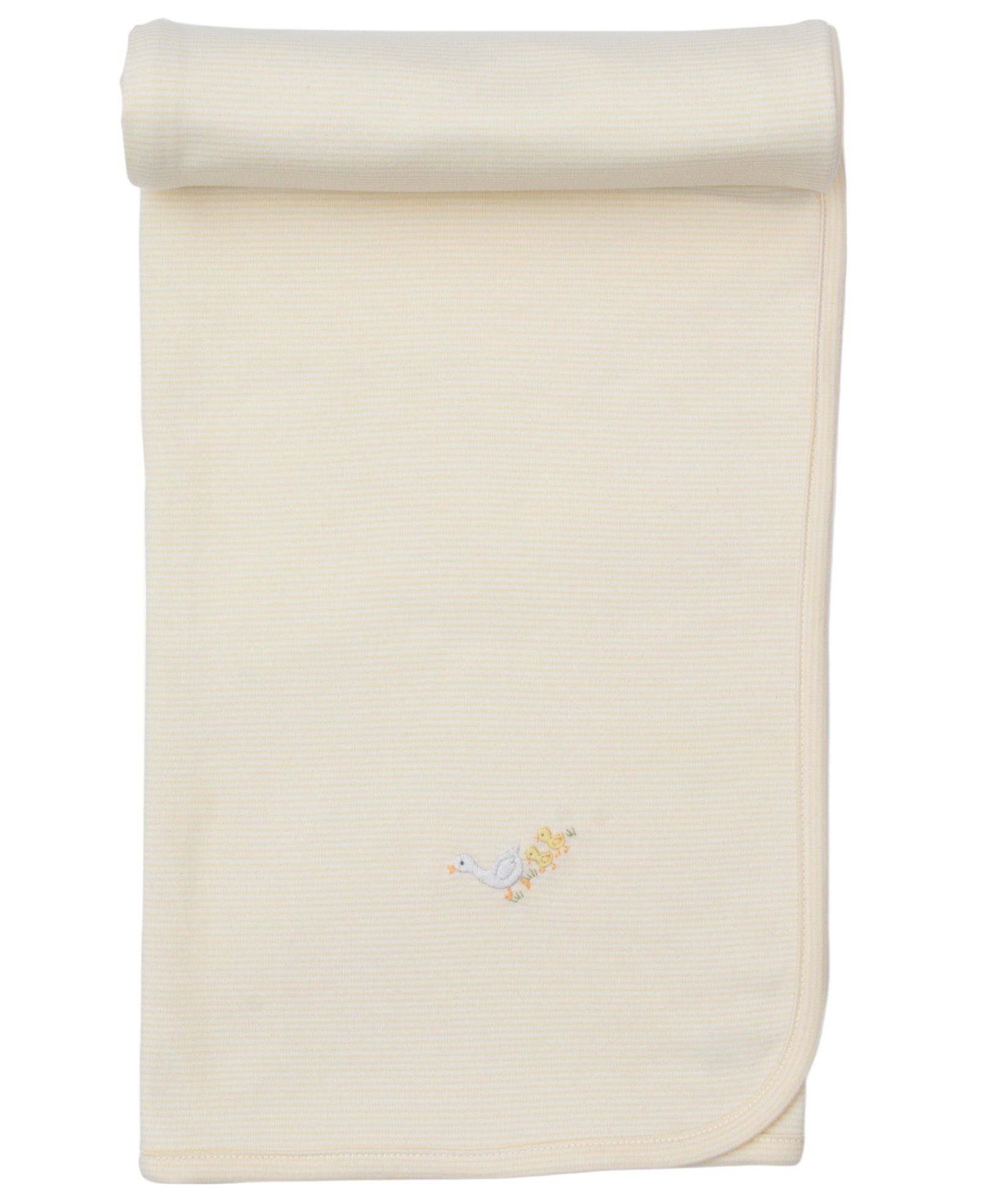 The Kissy Kissy Premier Baby Duckling Striped Blanket with Hand Emb. is a cream Pima cotton blanket, rolled at one end and accented with an embroidered duck and ducklings—a cozy choice for your baby boy.