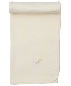 The Kissy Kissy Premier Baby Duckling Striped Blanket with Hand Emb. is a cream Pima cotton blanket, rolled at one end and accented with an embroidered duck and ducklings—a cozy choice for your baby boy.