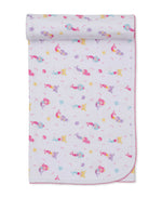 The Kissy Kissy Underwater Mermaid Blanket is a light purple cozy blanket adorned with a vibrant cartoon mermaid design, decorated with starfish and seashell patterns, and finished with pink stitching along the edges.