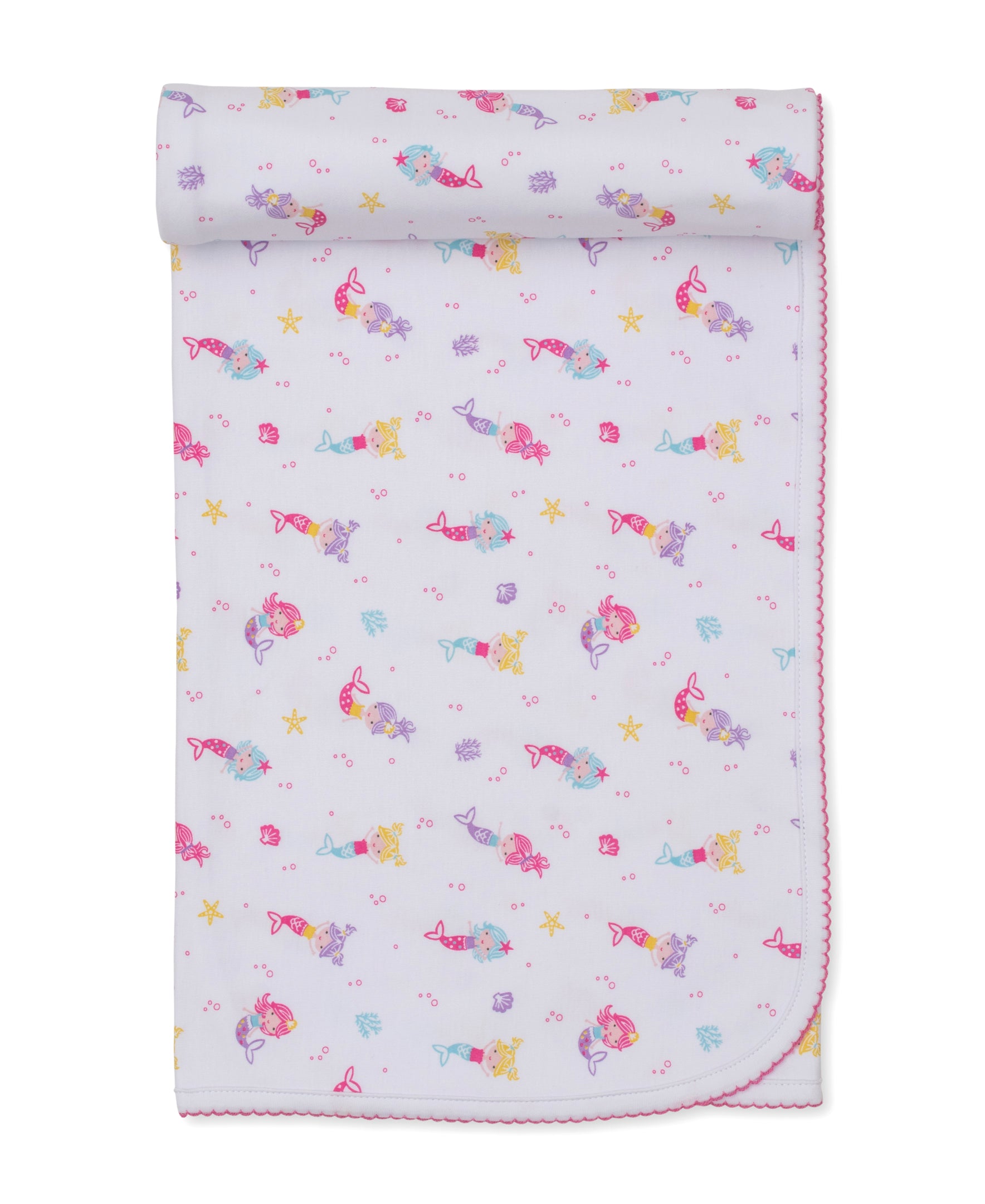 The Kissy Kissy Underwater Mermaid Blanket is a light purple cozy blanket adorned with a vibrant cartoon mermaid design, decorated with starfish and seashell patterns, and finished with pink stitching along the edges.