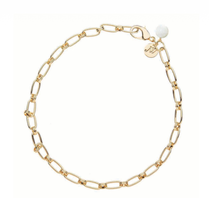 The Jane Win Necklace Chain Collection features rectangular link chains with a small engraved round charm and a white bead near the clasp—ideal for stacking with other versatile pieces.