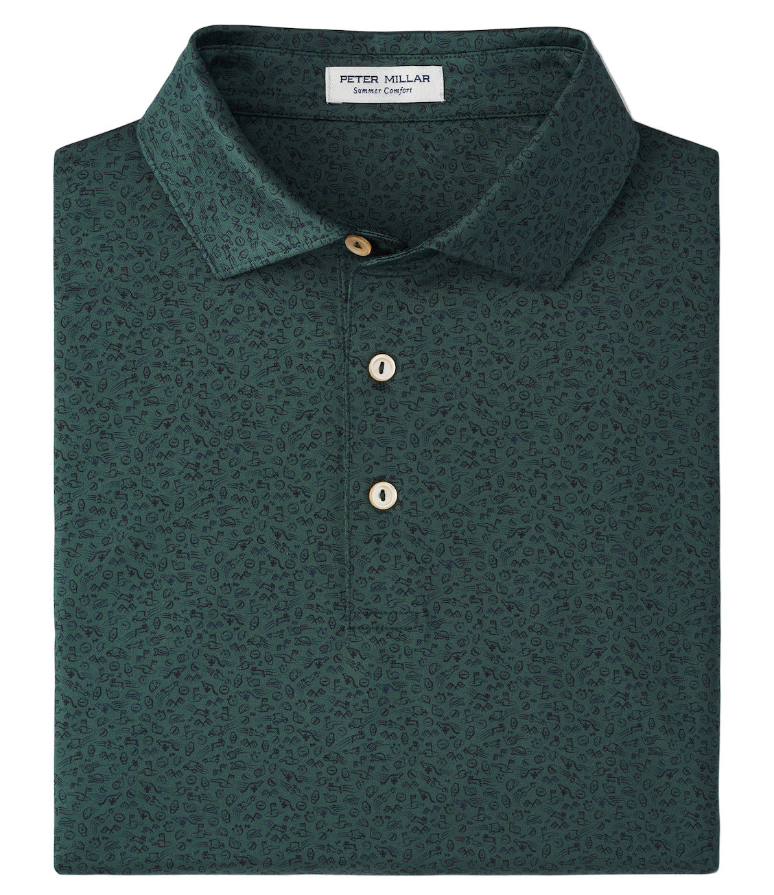 The Peter Millar No Slow Play Performance Jersey Polo is a dark green, short-sleeve polo with a subtle pattern, three buttons, and an inside collar label, crafted for four-way stretch and UPF 50+ protection.