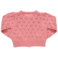 The Girls' Connie Sweater by Pink Chicken is a pink knitted cardigan with puffed sleeves and a heart-shaped pointelle pattern, shown laid flat with the back side up for extra charm.