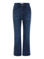 Introducing The Reboot Crop by Frame: a pair of high-waisted, dark blue cropped jeans crafted from ultra-stretch denim. These jeans feature a button and zip closure, front and back pockets, and a straight-leg cut that falls just above the ankle.