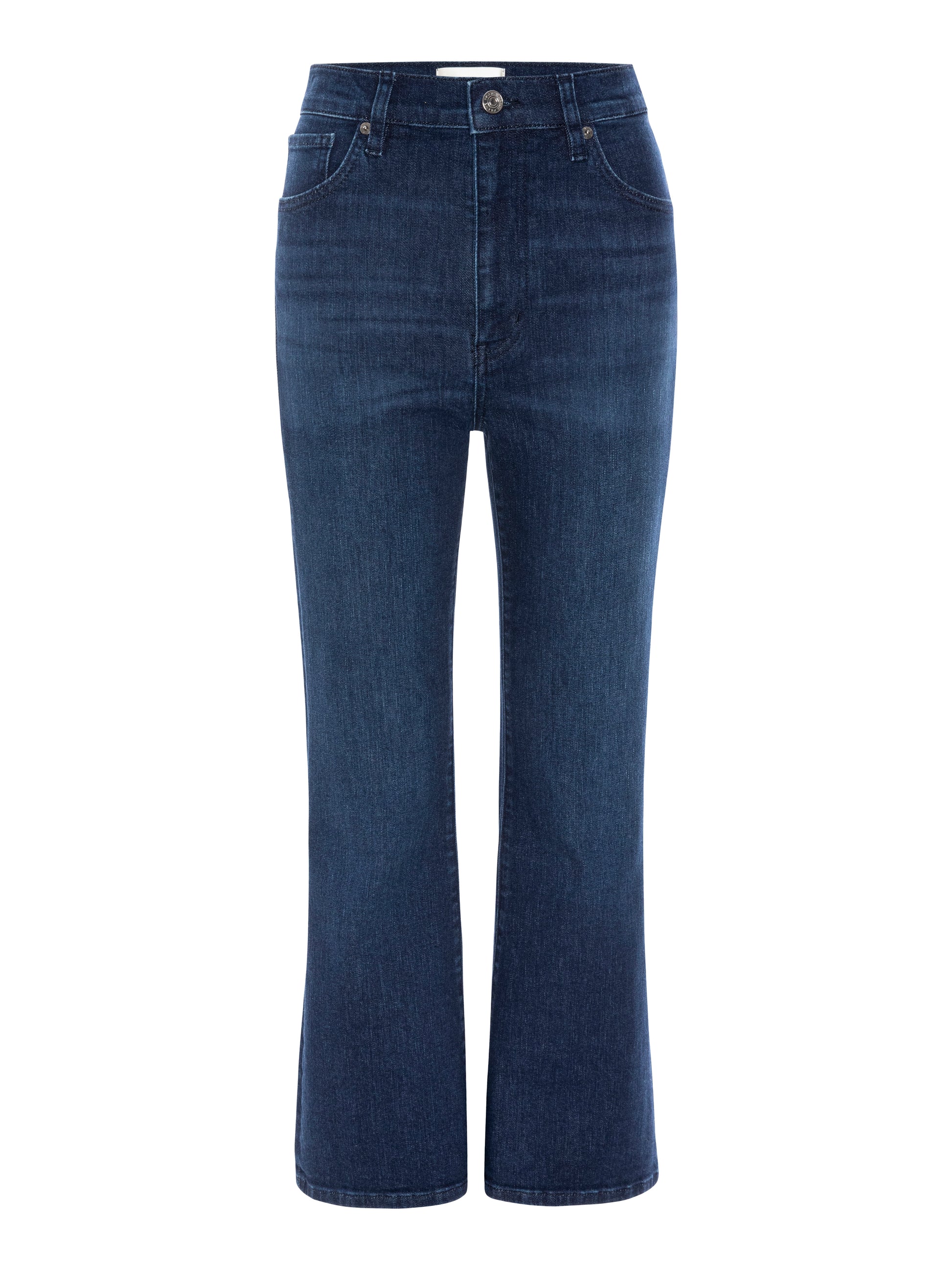 Introducing The Reboot Crop by Frame: a pair of high-waisted, dark blue cropped jeans crafted from ultra-stretch denim. These jeans feature a button and zip closure, front and back pockets, and a straight-leg cut that falls just above the ankle.