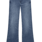 The Icon jeans by Frame, featuring blue ultra-stretch denim, a high waist, and wide flared legs, are displayed flat on a white background.
