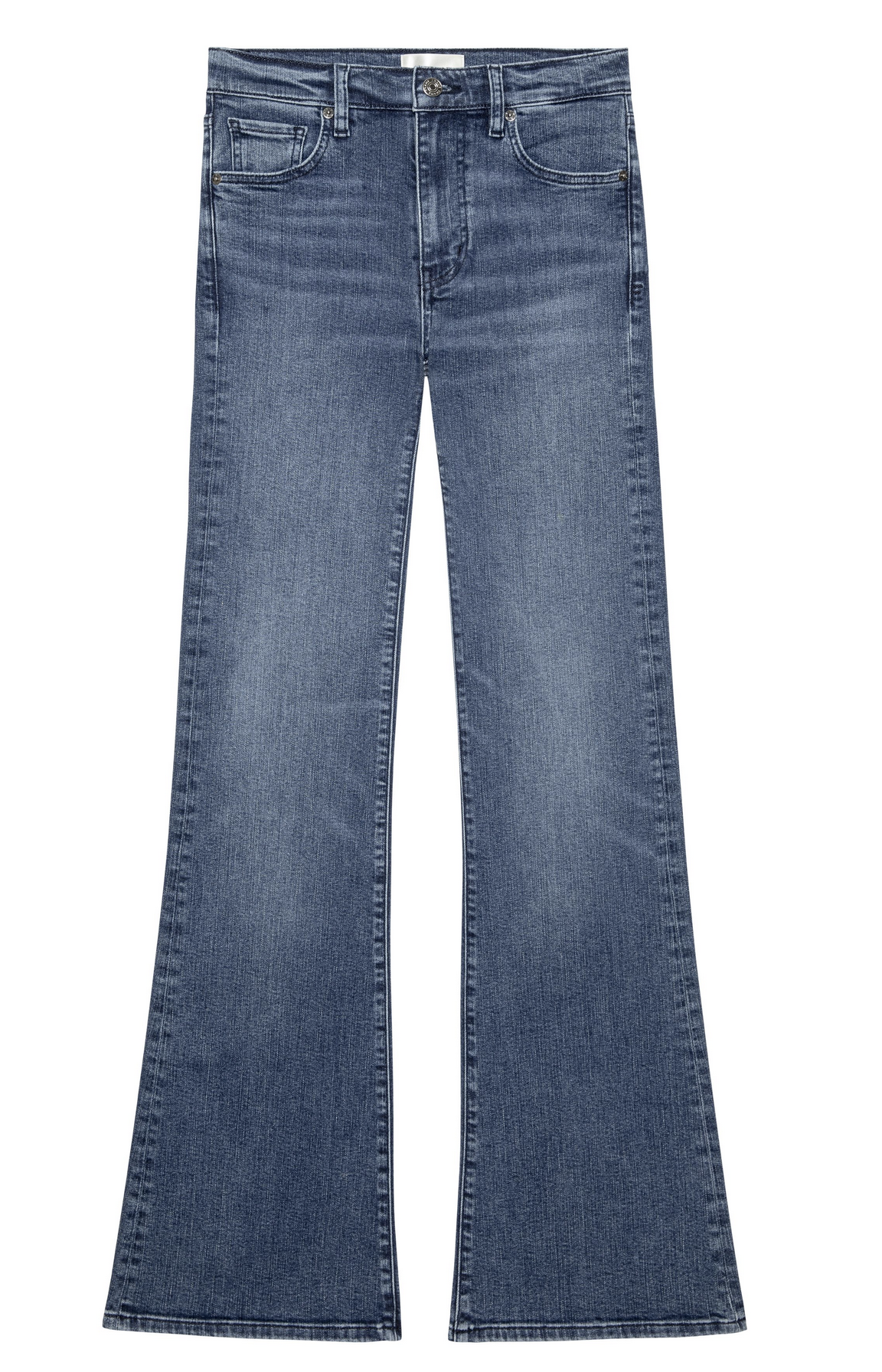 The Icon jeans by Frame, featuring blue ultra-stretch denim, a high waist, and wide flared legs, are displayed flat on a white background.