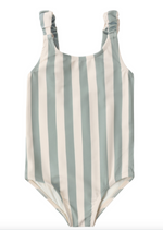 The Rylee & Cru Girls' Scrunch One-Piece features wide light blue, white, and green stripes, thick gathered straps, and UPF 50+ sun protection.