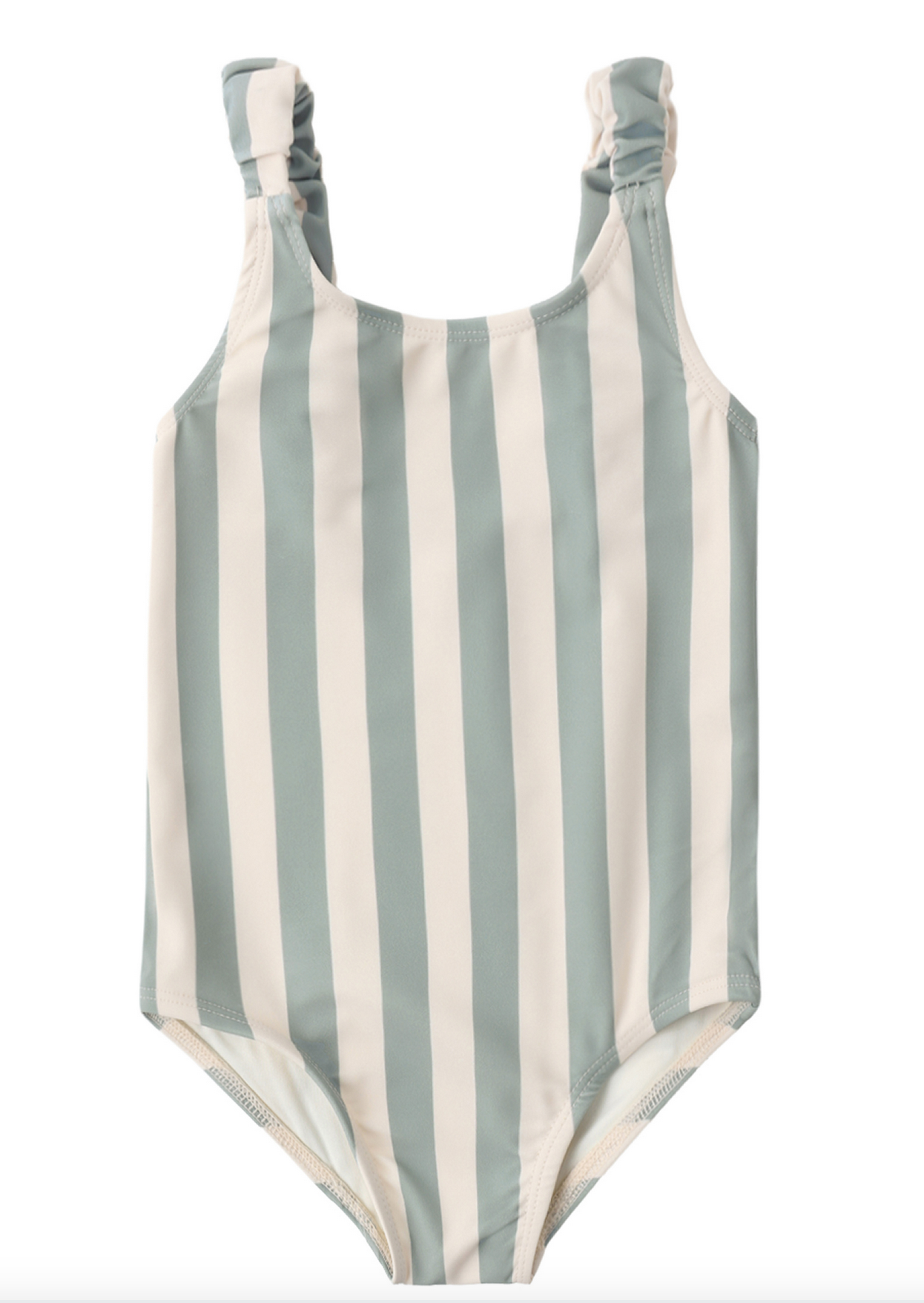 The Rylee & Cru Girls' Scrunch One-Piece features wide light blue, white, and green stripes, thick gathered straps, and UPF 50+ sun protection.