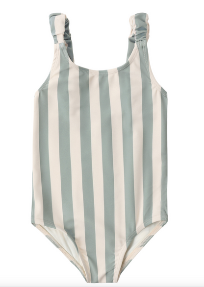 The Rylee & Cru Girls' Scrunch One-Piece features wide light blue, white, and green stripes, thick gathered straps, and UPF 50+ sun protection.