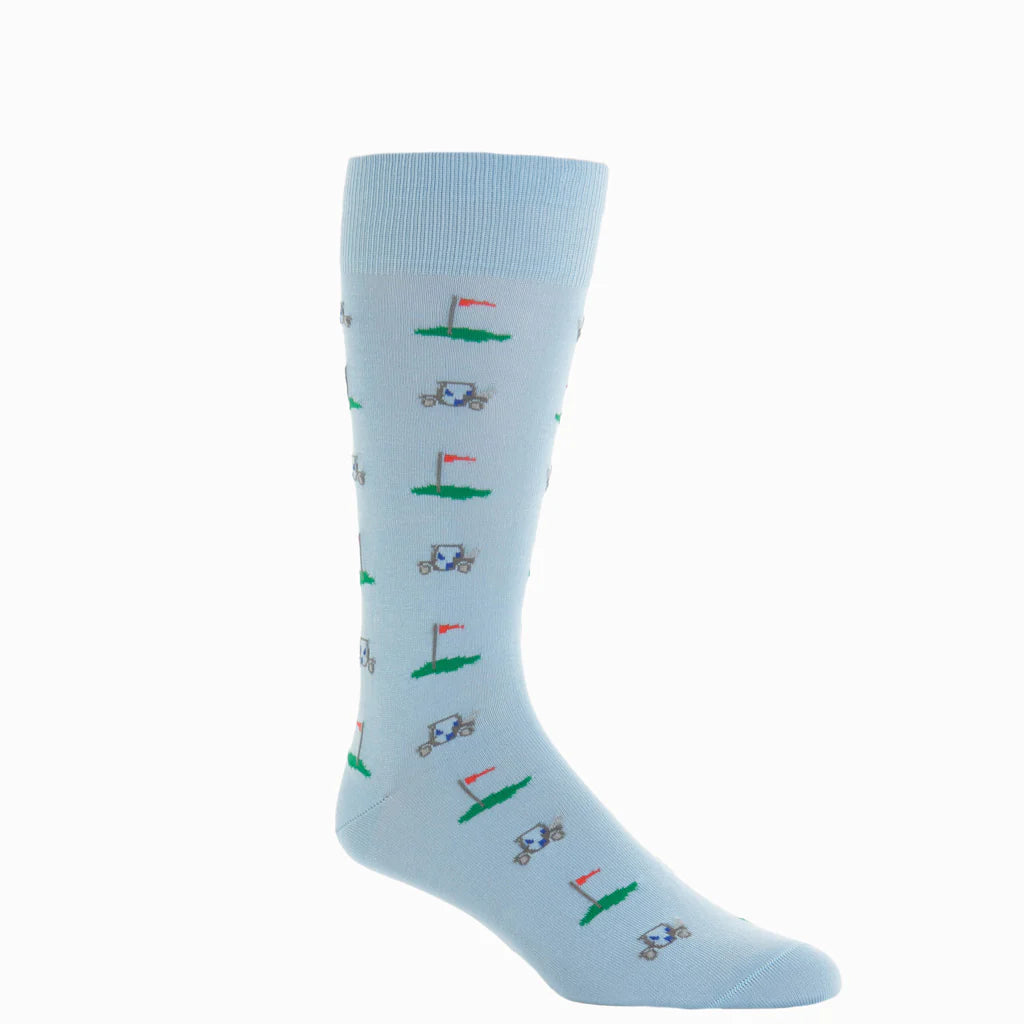 The Dapper Classics Golf Cart Cotton Mid-Calf Sock features a light blue design with golf carts and putting greens—ideal for adding style on the course or in the clubhouse.