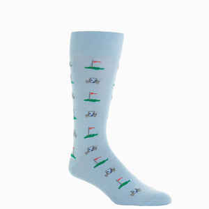 The Dapper Classics Golf Cart Cotton Mid-Calf Sock features a light blue design with golf carts and putting greens—ideal for adding style on the course or in the clubhouse.