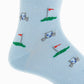 The Dapper Classics Golf Cart Cotton Mid-Calf Sock features light blue fabric with small golf carts and red flag golf holes on green patches—ideal for adding a stylish touch to your outfit.