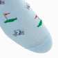 The Dapper Classics Golf Cart Cotton Mid-Calf Sock features light blue fabric accented with embroidered golf carts and red flags on green patches, adding a playful, stylish touch to any outfit.