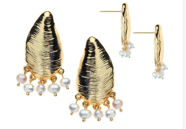 Strong Along the Shore Earrings by Jane Win are shown from front and side angles on a white background—these elegant statement earrings combine classic gold mussel shell design with small dangling white pearls, blending timeless charm with distinctive style.