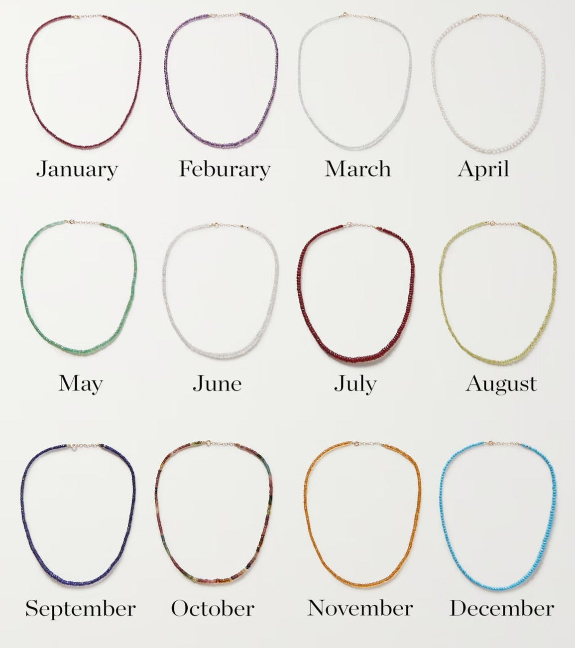 Twelve Jia Jia Birthstone Necklaces, each featuring vibrant semi-precious gemstones representing the months from January to December, are displayed in a grid on a white background.