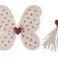 The Noralee Girls' Fairy Set includes sheer white butterfly wings with red heart patterns and a matching wand topped with a red heart and ribbons—perfect for dress-up or any fairy costume.