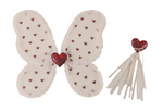 The Noralee Girls' Fairy Set includes sheer white butterfly wings with red heart patterns and a matching wand topped with a red heart and ribbons—perfect for dress-up or any fairy costume.