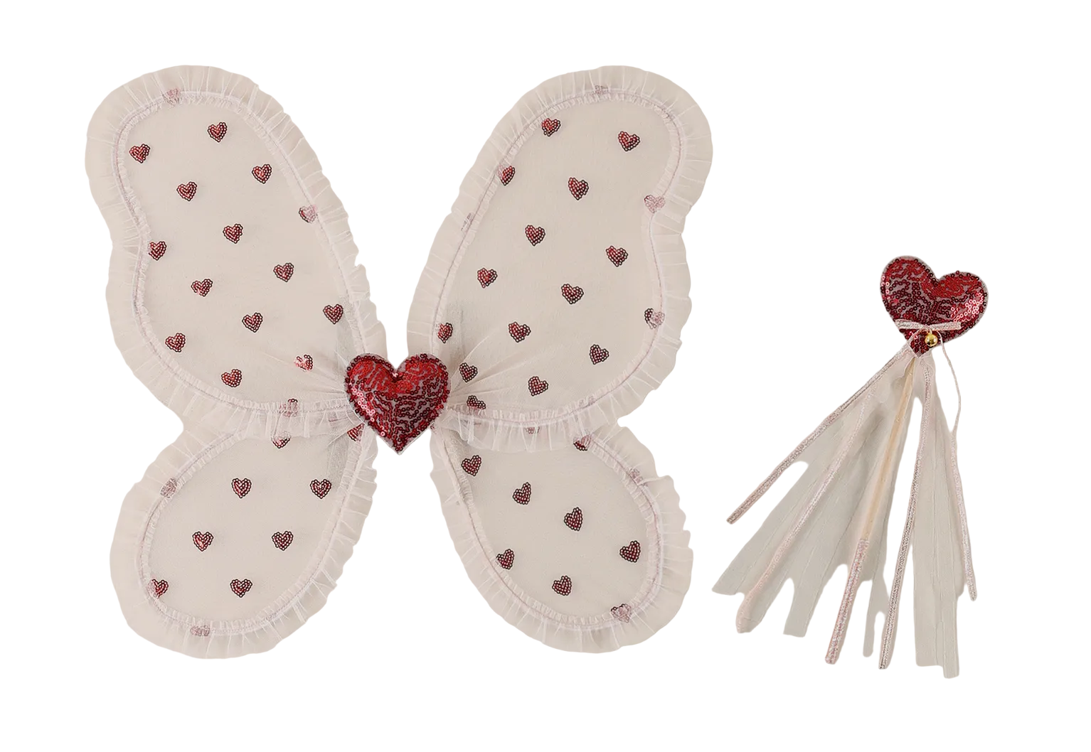 The Noralee Girls' Fairy Set includes sheer white butterfly wings with red heart patterns and a matching wand topped with a red heart and ribbons—perfect for dress-up or any fairy costume.