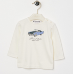 The Bonpoint Baby Boys' and Boys' Tahsin T-shirt, made from organic cotton, features a playful dog print on the front and is displayed hanging on a hanger.