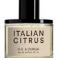 A 50 ml bottle of "D.S. & DURGA Italian Citrus" eau de parfum from D. S. & Durga, with a hint of musk, a black cap, and a clear glass container.