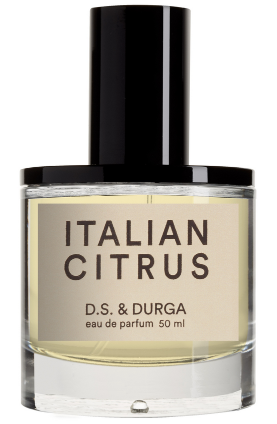 A 50 ml bottle of "D.S. & DURGA Italian Citrus" eau de parfum from D. S. & Durga, with a hint of musk, a black cap, and a clear glass container.