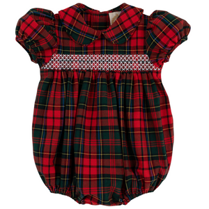 The Baby Girls' Dottie Hart Bubble by The Beaufort Bonnet Company features short puff sleeves, a Peter Pan collar, white smocked chest, and elastic leg openings for a classic look.