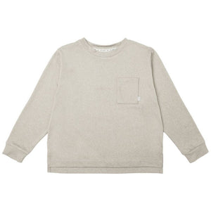 The Rylee & Cru Boys' Long Sleeve Pocket Tee in light beige features a relaxed fit and a left chest pocket, shown laid flat on a white background.