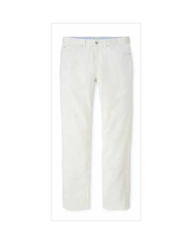 The Peter Millar Signature Sateen Five-Pocket Pant in white features a straight-leg cut, superior stretch, and versatile style, shown against a plain white background.