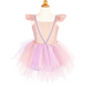 A child-sized dress form displays the Great Pretenders Shimmer Unicorn Dress & Headband, featuring pink and purple hues, ruffled sleeves, and a fitted bodice, set against a plain white background.