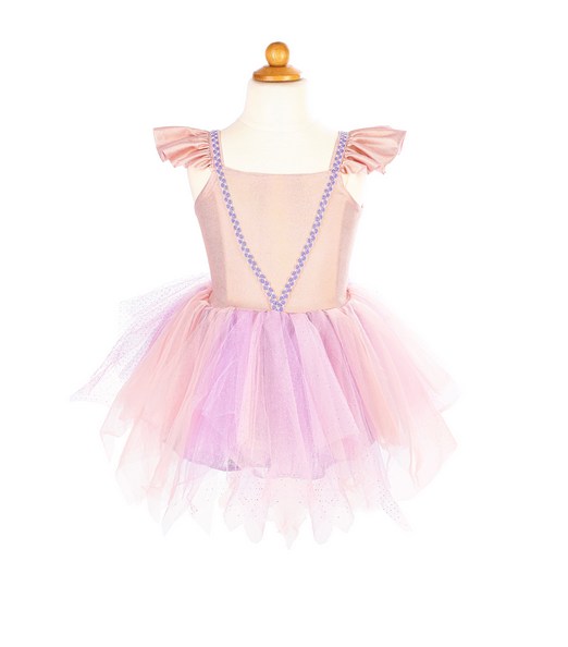 A child-sized dress form displays the Great Pretenders Shimmer Unicorn Dress & Headband, featuring pink and purple hues, ruffled sleeves, and a fitted bodice, set against a plain white background.