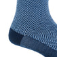 Close-up of the Dapper Classics Dress Navy and Sky Blue Herringbone Fine Merino Wool Sock, showcasing a herringbone pattern and solid toe—ideal for patterned sock enthusiasts.