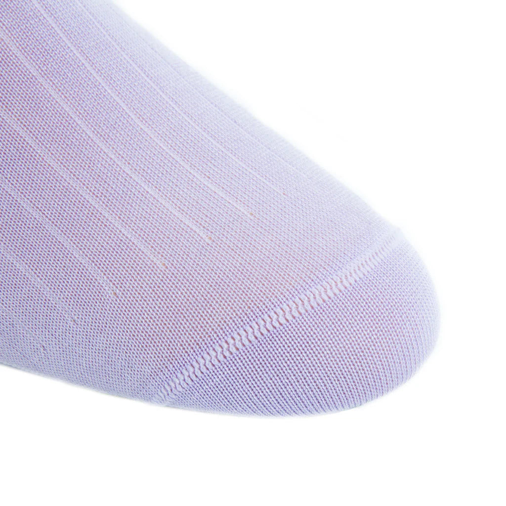 Close-up of the toe area of Dapper Classics' Lavender Solid Ribbed Cotton Sock Linked Toe Mid-Calf, showing fine fabric texture and stitching—crafted in North Carolina for refined, quality style.