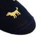 The Dapper Classics Navy with Yolk Dog Cotton Sock features a playful yellow dog pattern near the toe, making these linked toe mid-calf socks a stylish choice for anyone who loves fun and unique designs.