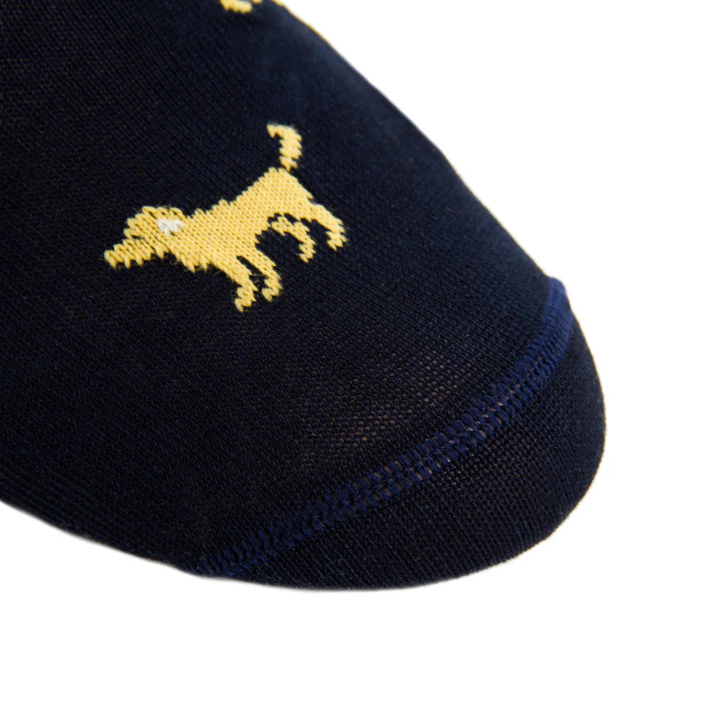 The Dapper Classics Navy with Yolk Dog Cotton Sock features a playful yellow dog pattern near the toe, making these linked toe mid-calf socks a stylish choice for anyone who loves fun and unique designs.